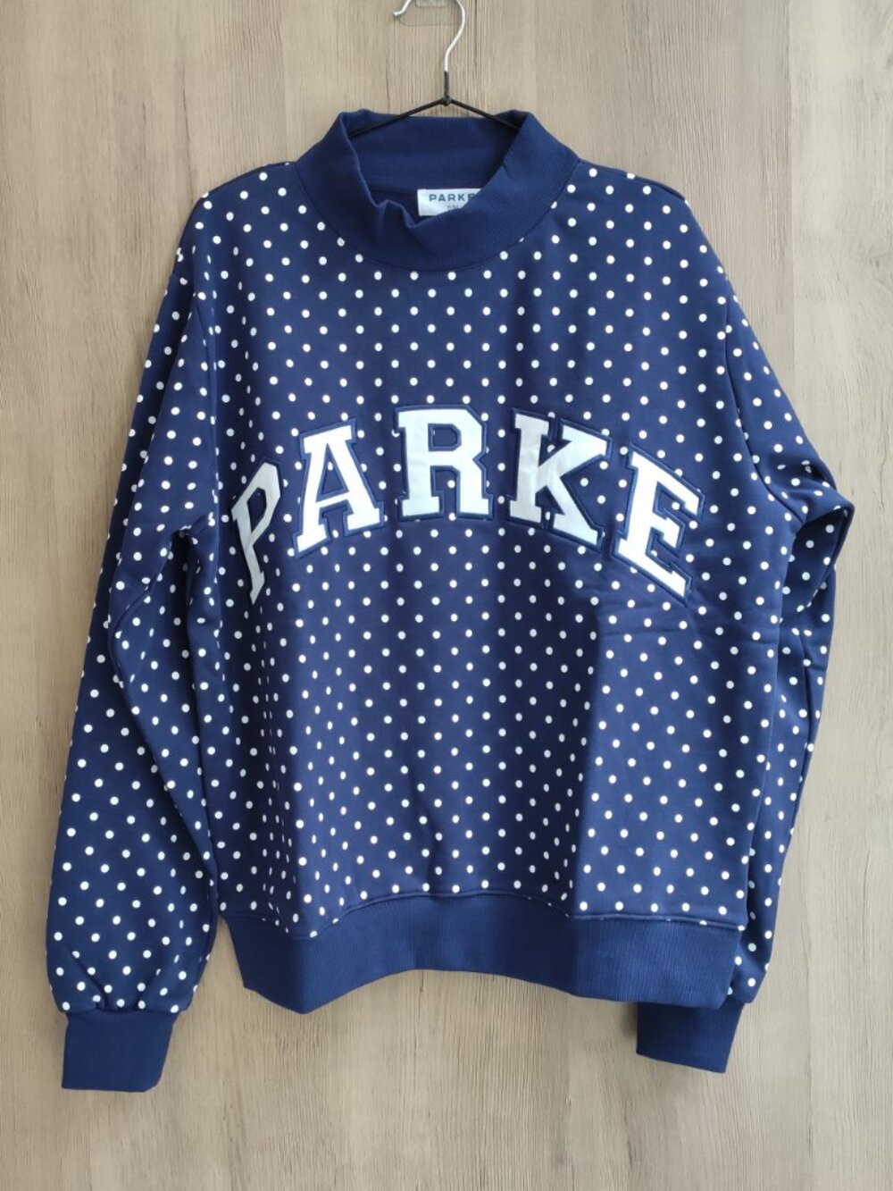 Parke Navy White Polka Dot Mock Neck Varsity Sweatshirt